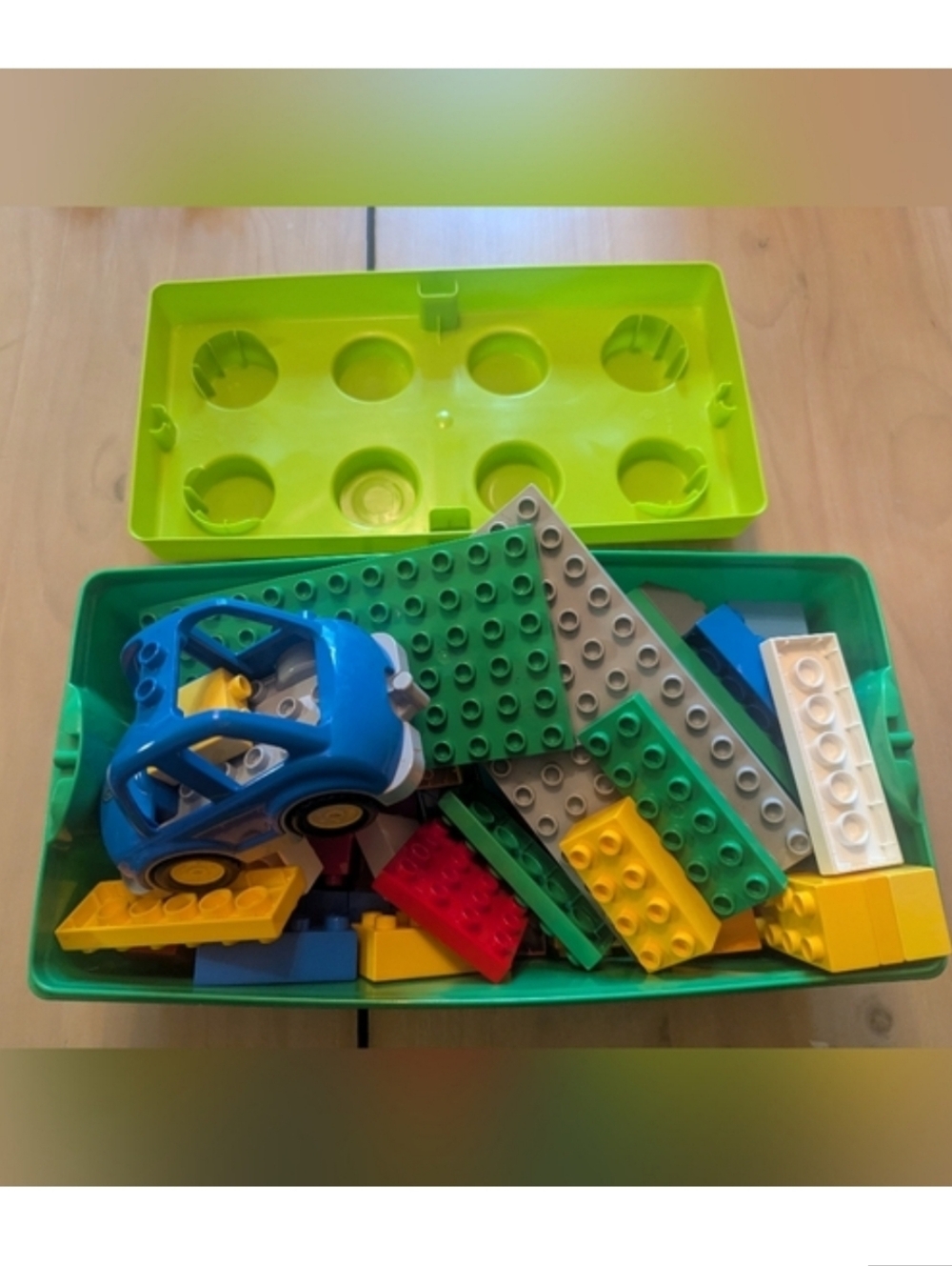 Duplo-Style Kids Building Brick Set with Blue Car - Green/Yellow Storage Box